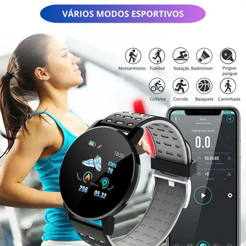 Smartwatch à Prova D'água com vários modos esportivos como futebol, ciclismo, corrida, basquete, caminhada e muito mais.