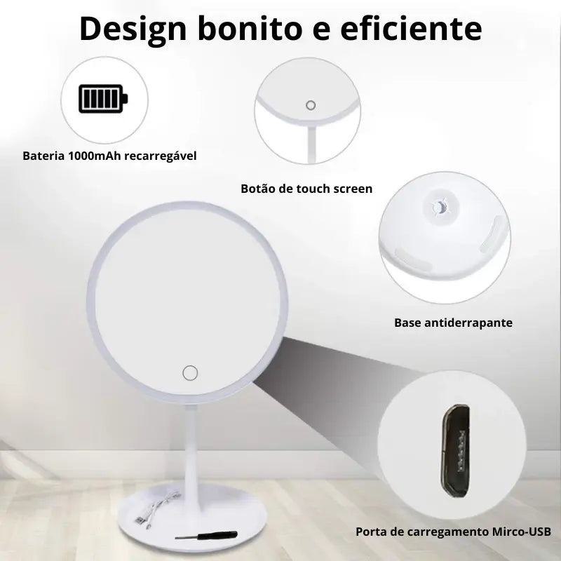 Espelho de Mesa Portátil com LED Recarregável com bateria 1000mAh, botão touch screen, base antiderrapante e porta carregamento Micro-USB