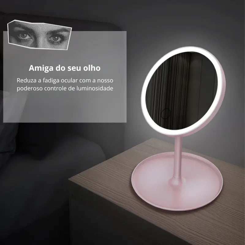 Espelho de Mesa Portátil com LED Recarregável com controle de luminosidade