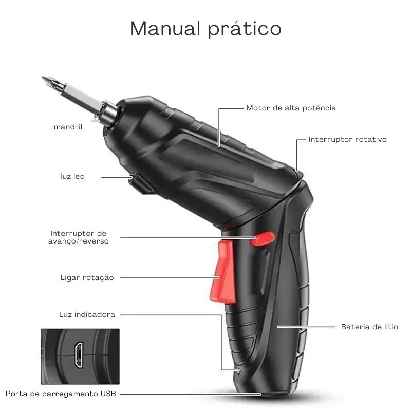 Kit Parafusadeira Furadeira sem Fio 47 Peças