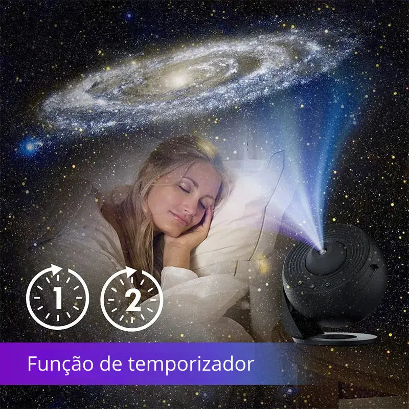 mulher dormindo com Projetor Galáxia com 12 Slides do Universo GalaxyProject que tem função temporizador de 1 ou 2 horas